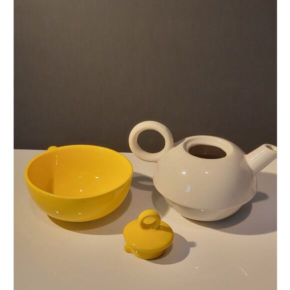 Tea for One Tea Pot with Cup Set Stackable Yellow and Gray Retro Colorful - Picture 6 of 10